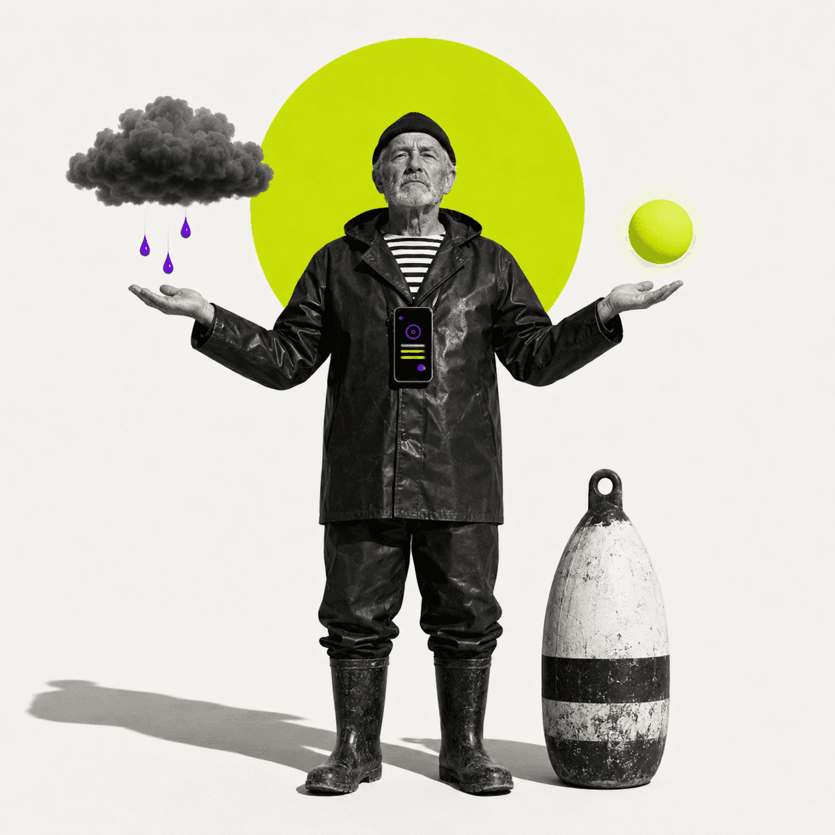 Un marin pèse un nuage de pluie et un soleil dans ses mains