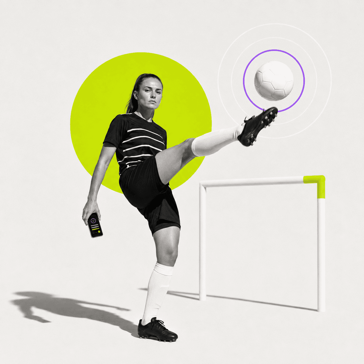Une footballeuse frappe un ballon entouré d’un cercle violet